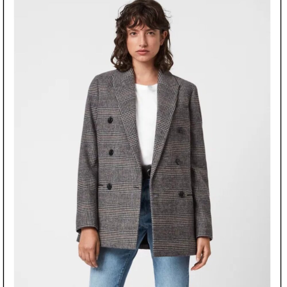 All Saints Women's Gray Plaid Double-Breasted Blazer